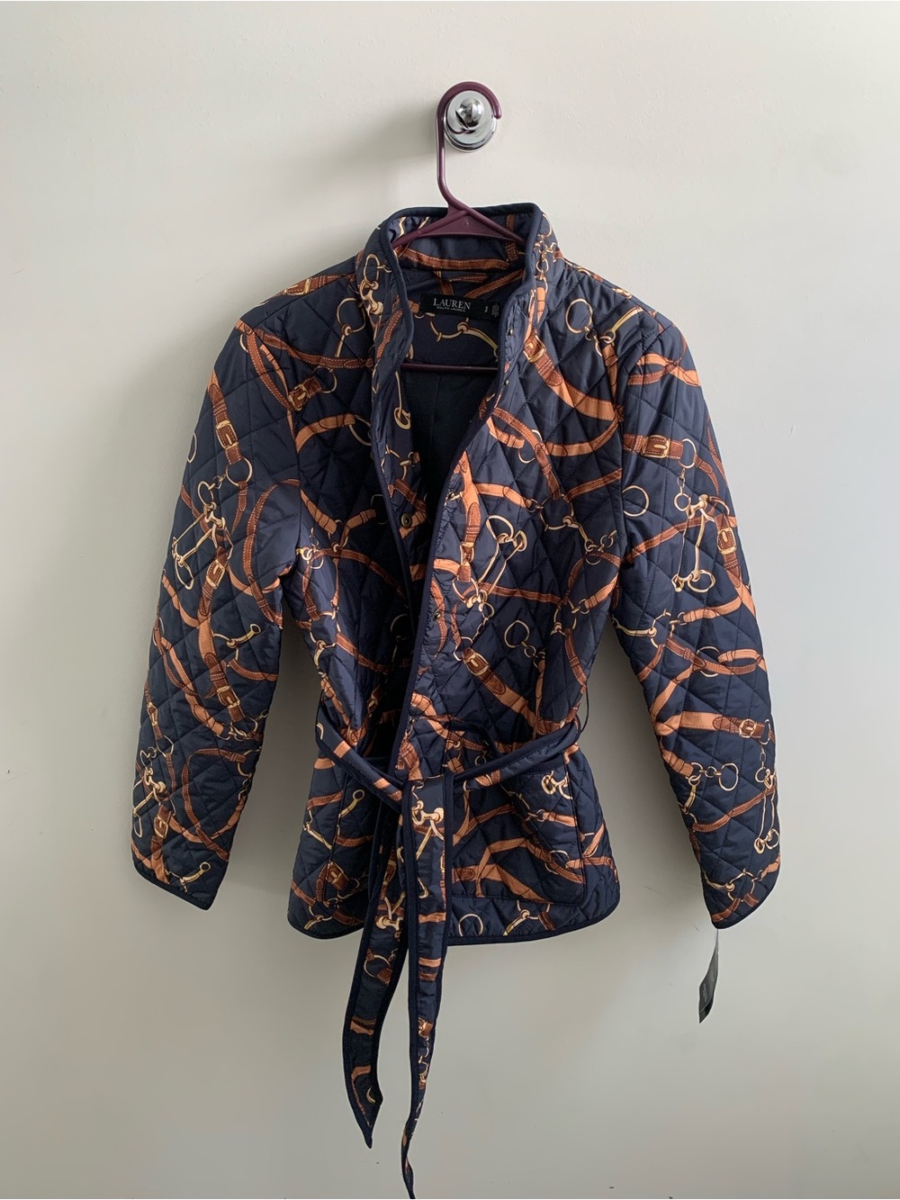 NWT Lauren Ralph Lauren Equestrian Belting Print Quilted Jacket Belted Navy SP